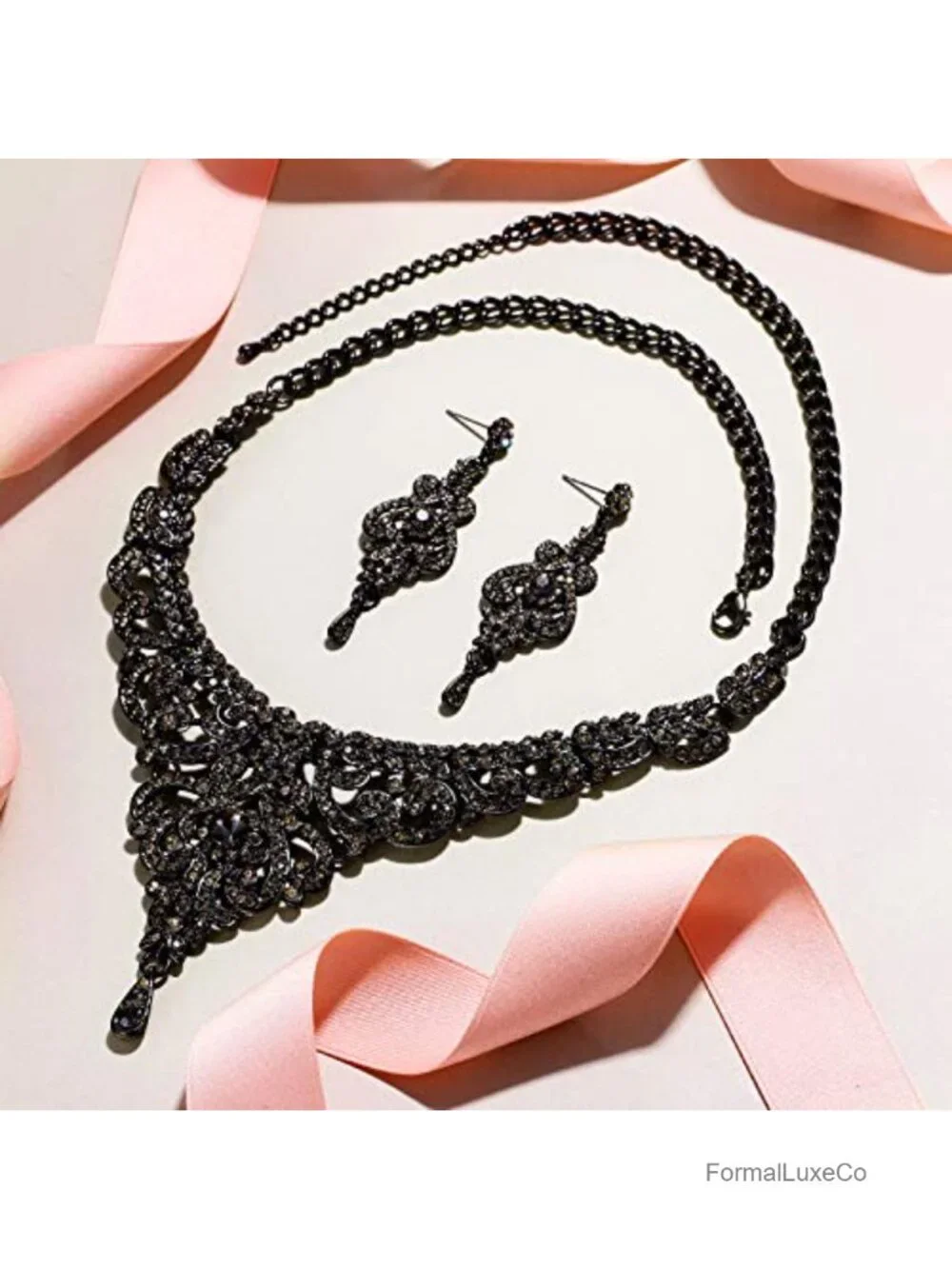 Vintage Crystal Rhinestone Art Deco Wedding Bridal Jewelry Set Necklace Earrings